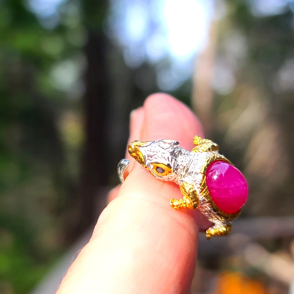 Star ๐ sapphire crocodile ๐ sterling & gold ring sz8 adjustable - Picture 1 of 7